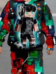 SHEIN 2pcs/Set Cartoon Football, Pixelated People, Players, Athletes, Football Stars, Handsome, Cool Young Boys Casual Loose Fit Pullover Hoodie Sweatshirt - Multicolor - View 5