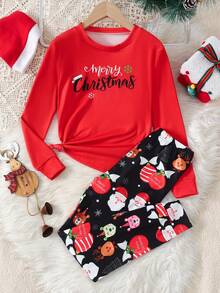 SHEIN Tween Girl Casual Comfortable Cartoon Graphic Crew Neck Pullover Loungewear - Red - View 7