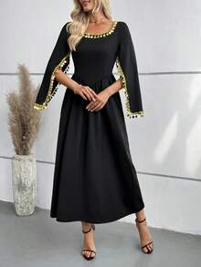 SHEIN Elegant Muslim Women's A-Line Maxi Dress With Cinched Waist And Gold Accents - Black - View 3