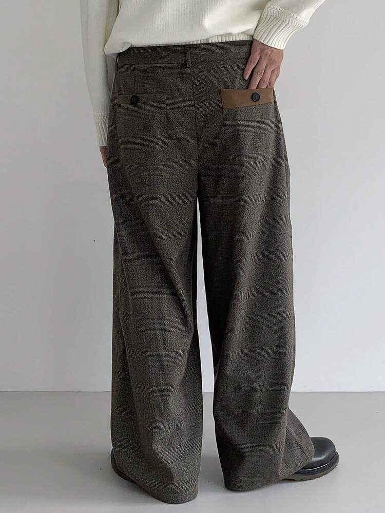 Men's Autumn Elastic Waist Pleated Design Loose Fit Dark Grey Suit Pants