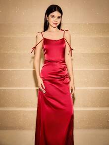 Vestido de satén con hombros descubiertos, decoración de moño en la cintura, dobladillo acampanado y abertura lateral, adecuado para bodas, bailes de graduación, cumpleaños, Halloween, Navidad - Burdeos - Ver 7