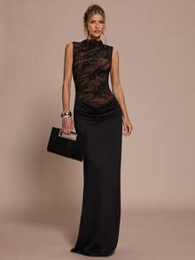 SHEIN BAE 女士时尚撞色蕾丝荷叶边连衣裙，夏季 - 黑色 - 查看 3