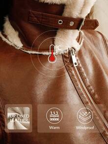 Anewsta Chaqueta corta de mezcla de piel sintética brillante marrón y lana, con adorno de piel elegante, adecuada para otoño, invierno, salidas, elegante, chic, formal