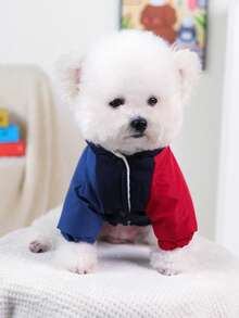 PETSIN 1件寵物衣，酷炫對比色拼接加厚外套，適合貓狗冬季穿著，雙層厚實保暖連帽衛衣夾克 - 藏蓝色 - 查看 4