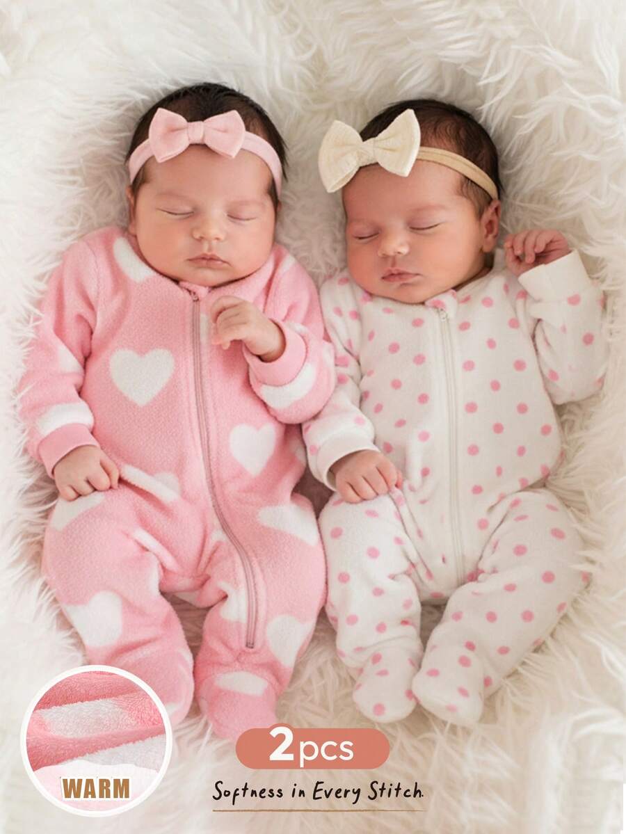 Cozy Pixies Bộ áo liền quần dài tay cổ tròn lót ấm họa tiết chấm bi hình trái tim cho bé gái sơ sinh, bộ đồ ngủ liền thân cho bé gái sơ sinh, quần áo cho bé sinh đôi sơ sinh. - Hồng - Xem 1