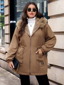 SHEIN Clasi Parka à capuche doublée de fourrure de lapin, style décontracté, grande taille