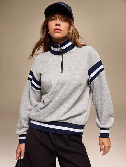 Hanevo Women's Casual Sporty Contrast Striped Drop Shoulder Loose Half-Zip Front Sweatshirt, Autumn/Winter