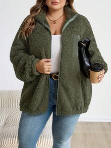SHEIN CURVE+ Chaqueta de forro polar informal de talla grande, versátil para otoño/invierno - Verde militar - Ver 7