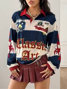 Coolane Women's Fall/Winter Cool Going Out Streetwear Y2K Striped Graphics Sport Loose Long Sleeve Polo T-Shirt - Navy Blue - View 7