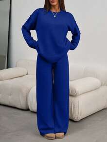 EURMUSE Women Round Neck Rib Knitted Sweater And Sweater Pant 2pcs Sets Co-Ord - Royal Blue - View 8