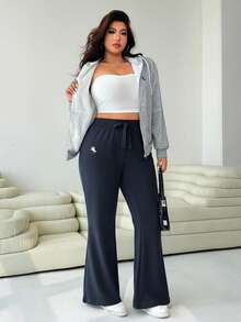 Solflare 大码休闲百搭骑士刺绣喇叭裤 - 藏蓝色 - 查看 5