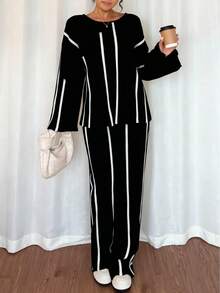 Selianne Elegant Long Sleeve Round Neck Top And Wide Leg Pants 2 Pieces Set For Women - Black - View 6
