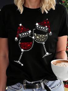 INAWLY Christmas Theme Graphic Print, High-Quality Pigment Dyed Holiday Pullover, Christmas Flower Round Neck Short Sleeve