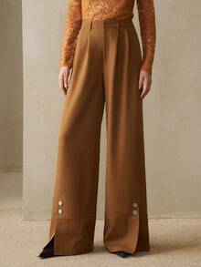 EMERY ROSE Quần vải dệt nút trang trí xếp ly cho nữ, thiết kế đơn giản, thanh lịch, quyến rũ, tinh tế, cổ điển, màu cà phê, mùa thu - Cà phê nâu - Xem 3