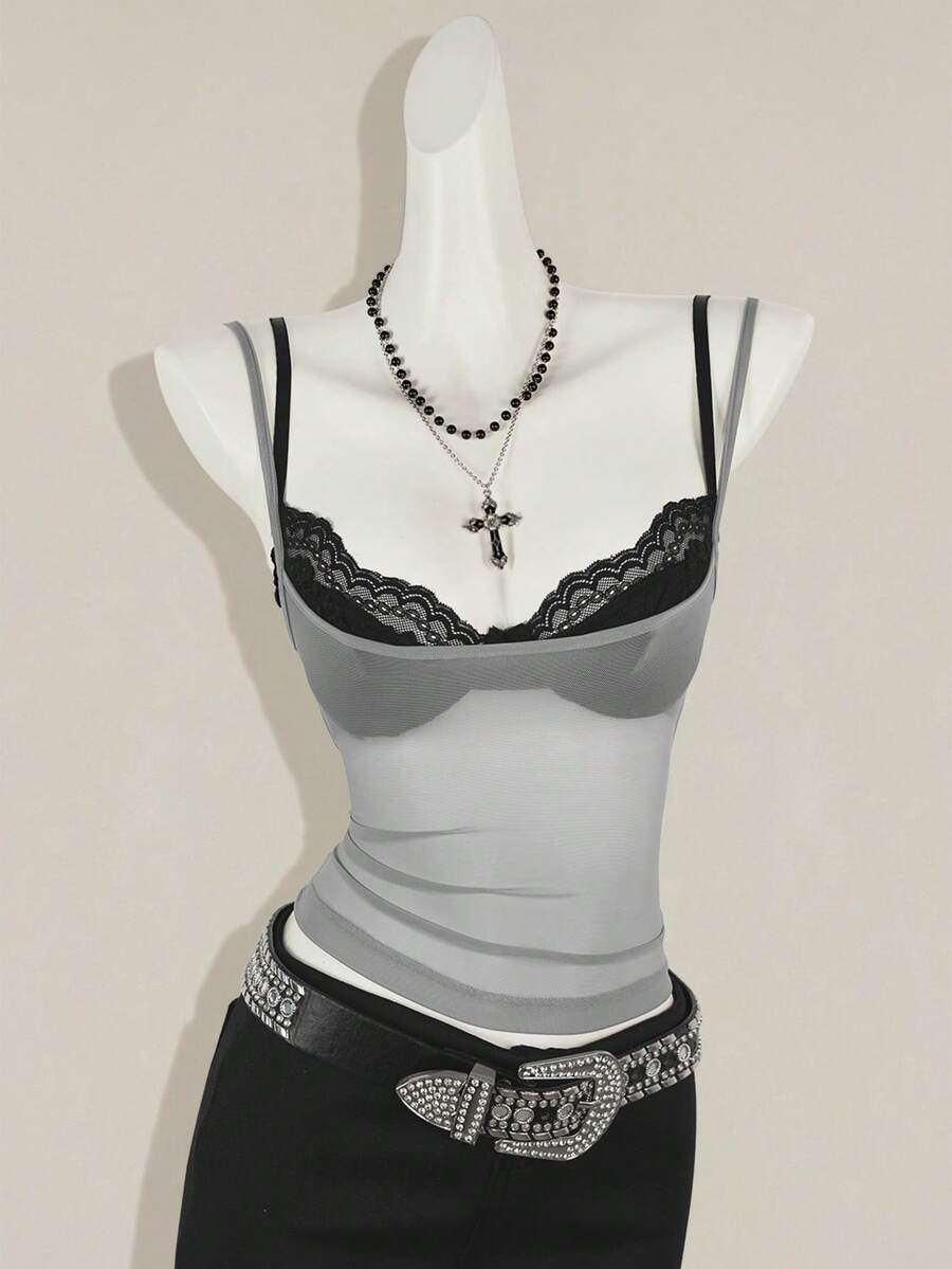 SHEIN ICON 女式红色透明吊带背心，搭配黑色蕾丝细肩带文胸，两件套 - 彩色 - 查看 1