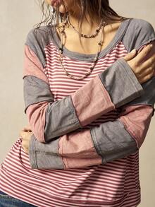 Bohemela Camiseta de manga larga holgada de punto vintage con rayas de colores y diseño de patchwork de cuello redondo, estilo occidental vintage country, adecuada para conciertos, vacaciones y vuelta al cole, apta para otoño/invierno - Multicolor - Ver 3