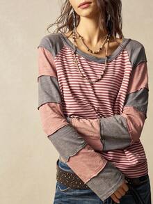 Bohemela Camiseta de manga larga holgada de punto vintage con rayas de colores y diseño de patchwork de cuello redondo, estilo occidental vintage country, adecuada para conciertos, vacaciones y vuelta al cole, apta para otoño/invierno - Multicolor - Ver 7