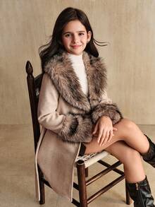 SHEIN 女童休闲保暖毛绒领系带中长款毛绒外套，时尚日常穿着，秋冬 - 杏色 - 查看 2