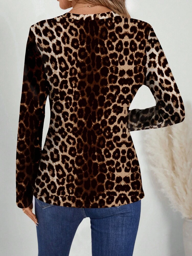 Women's Leopard Print V-Neck Long Sleeve T-Shirt, Spring/Autumn Animal Print Top Brown Tops For Women Leopard Print Tops Cheetah Print Tops