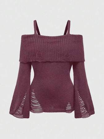 Goth Große Größen Punk zerrissenes Design Carmen-Ausschnitt figurbetonter Camisole Pullover, Rot