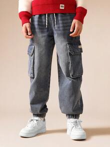 SUMWON Denim Pull On Jogger Jeans With Cargo Pockets And Elastic Cuffs For School And Casual Wear