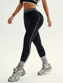 Dewbera Dewbera Leggings deportivos casuales de mujer con ribete de contraste, leggings de gimnasio, mallas de spandex para mujer - Negro - Ver 5