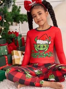 SHEIN CASUAL Tween Girls Christmas Cute Monster Print Pajama Set, Mommy And Me Matching Outfits (2 Sets Sold Separately), Skinny Fit - Red - View 4