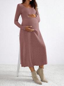 SHEIN 孕妇休闲日常通勤简约纯色罗纹圆领腰系带连衣裙，春秋 - 粉色 - 查看 4