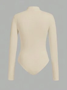 SHEIN EZwear 女款多色針織純色長袖修身連身衣，秋季 - 杏色 - 查看 8