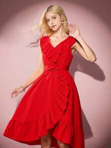 Teen Girl's Red Wrap Belted Dress With Ruffle Hem - Red - View 1
