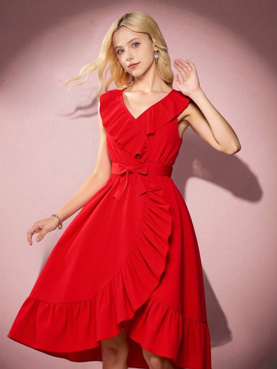 Teen Girl's Red Wrap Belted Dress With Ruffle Hem - Red - View 1