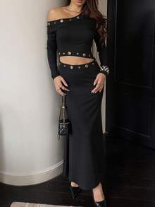 SHEIN Unity Damen Schwarzes Maxikleid mit langen Ärmeln, asymmetrischer Schulter, Ausschnitt-Taille und Fischschwanz-Saum, Ösen-Ausschnitt-Design, Y2K Punk Stil, modisch, sexy, geeignet für Party, Nachtclub, Straße, Musikfestival, bequem, dehnbar, weich, Herbst - Schwarz - Übersicht 5