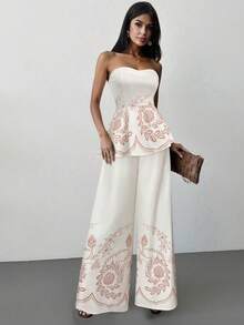 Firerie Conjunto de 2 piezas de verano con top tubo asimétrico de estampado de color contrastante y pantalones de pierna ancha de cintura alta, elegante, refinado y romántico para vacaciones y uso diario