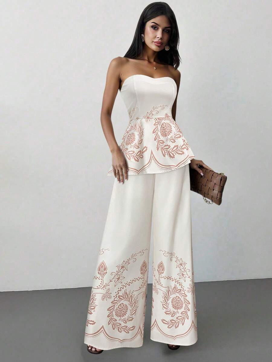 Firerie Conjunto de 2 piezas de verano con top tubo asimétrico de estampado de color contrastante y pantalones de pierna ancha de cintura alta, elegante, refinado y romántico para vacaciones y uso diario