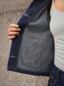 SHEIN Frenchy 女式落肩短款时尚百搭休闲前扣牛仔套装 - 藍色 - 查看 7