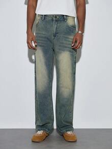 Modcrash Quần jean nam dáng rộng, ống rộng, chất liệu denim mài bạc kiểu cổ điển, có túi, thời trang và đa năng, thích hợp cho mùa xuân đến hè. - Rửa trung bình - Xem 4