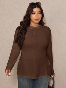 Elaquor Plus Size Women's Solid Color Round Neck Casual Side Slit Long Sleeve T-Shirt Brown - Coffee Brown - View 6