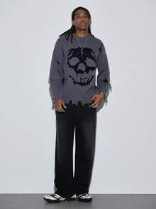 Modcrash ANDREILEE Men Skull Graphic Distressed Fringes Crew Neck Casual Sweater, Emo, For Halloween - Grey - View 3