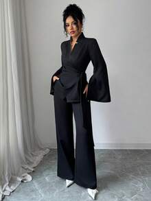 Elenzga Conjunto de traje de mujer con blazer de manga larga con cuello alto, cintura ceñida y dobladillo en línea A, y pantalones rectos de pierna ancha de unicolor, elegante, de moda, casual, encantador, retro, minimalista, de alta gama, romántico y apropiado para vacaciones - Negro - Ver 4