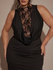 SHEIN BAE Plus Size Elegant Black Lace Turtleneck Patchwork Bodycon Plus Size Dress, Suitable For Wedding Guest Formal Attire,Elegant Party Dress ,Graduation Guest Dress,Elegant Dresses For Women,Luxury Evening Dresses For Women,Chic Evening Dress,Cocktail Dress,Black  Dress,Valentine's Day,Valentine Outfits For Women - Black - View 6