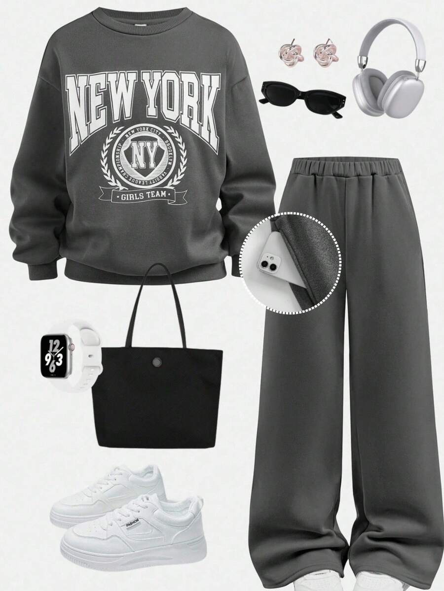 SHEIN Girlism 少女图案印花针织圆领宽松休闲运动衫和运动裤套装 - 灰色 - 查看 1