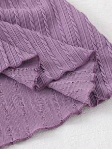 Khaki Textured Fabric Long Sleeve Dress - Purple - View 7