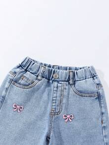 ChillGRL Young Girls Fashion Snowflake Washed Distressed Embroidered Flare Pants Jeans With Pink Bows - Light Wash - View 5