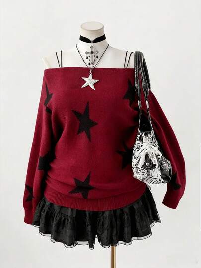 Sunspun Suéter holgado de punto cómodo con cuello de barco, mangas de murciélago y estampado de pentagrama en estilo streetwear Y2K para mujer de talla grande, adecuado para otoño/invierno y vuelta al colegio