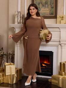 SHEIN MOD Plus Size Asymmetric Shoulder Flare Sleeve Brown Dress With Bowknot Metal Buckle And Fish Tail Design Brown Formal Dress Brown Dresses Classy Elegant Dinner Outfit For Women Earth Tone Dress Brown Wedding Guest Dress.Christmas Outfit
