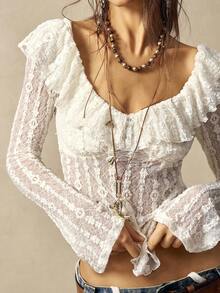 Bohemela Autumn/Winter Women's Vintage Women's Casual Solid Color Knit Lace Ruffle Hem Top, Western Country Style Concert Vacation, Suitable For Vacation & Daily Wear & Back To School, Halloween , Christmas - Beige - View 5