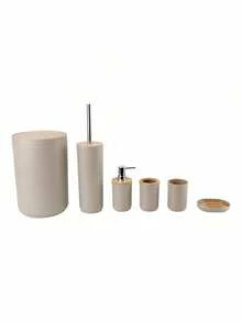 6PCS Bathroom Accessories Set, Plastic & Bamboo Bath Ensemble Kit With Lotion Dispenser, Toothbrush Holder, Toothbrush Cup, Soap Dish, Toilet Brush & Holder, Trash Can,Birthday, Holiday, Housewarming,Christmas Gift Set - Multicolor - View 11