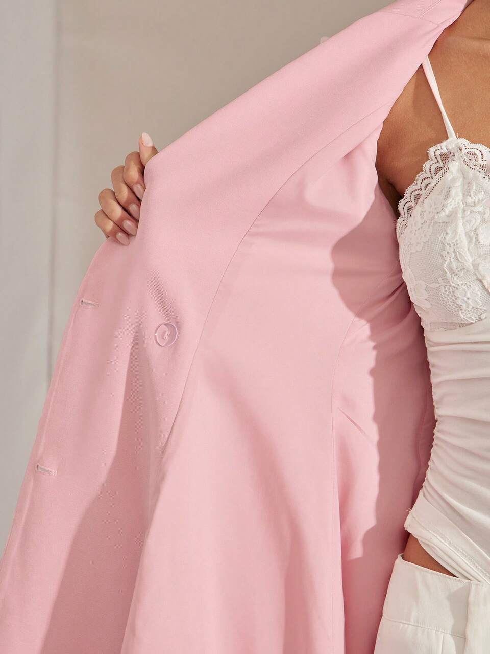 Enchnt Women's Elegant Soft Pink Winter Coat, Pink Lapel Minimalist Double Breasted Long Sleeve Coat,Autumn Elegant Work Chic&Elegant Everyday Wear