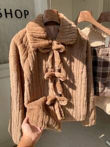 Comfortcana Women's Fashion Casual Bow Faux Fur Long Sleeve Jacket - Mocha Brown - View 3