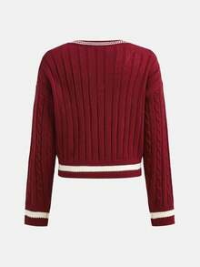 SHEIN Tween Girl Simple Solid V-Neck Long Sleeve Sweater, Casual Daily Wear, Autumn/Winter Long Sleeve Top, Collegiate V-Neck Long Sleeve Sweater, Embroidered Sweater Red Sweater Kids Tween Matching Set Knit Uniform Girl Sweaters Tween Girls Sweater Girl Maroon Outfits